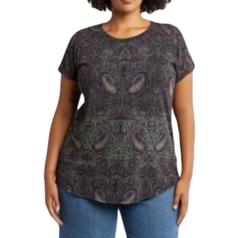 Lucky Brand Boho Paisley Print Short Sleeve Cotton Modal Split Back Tee Shirt